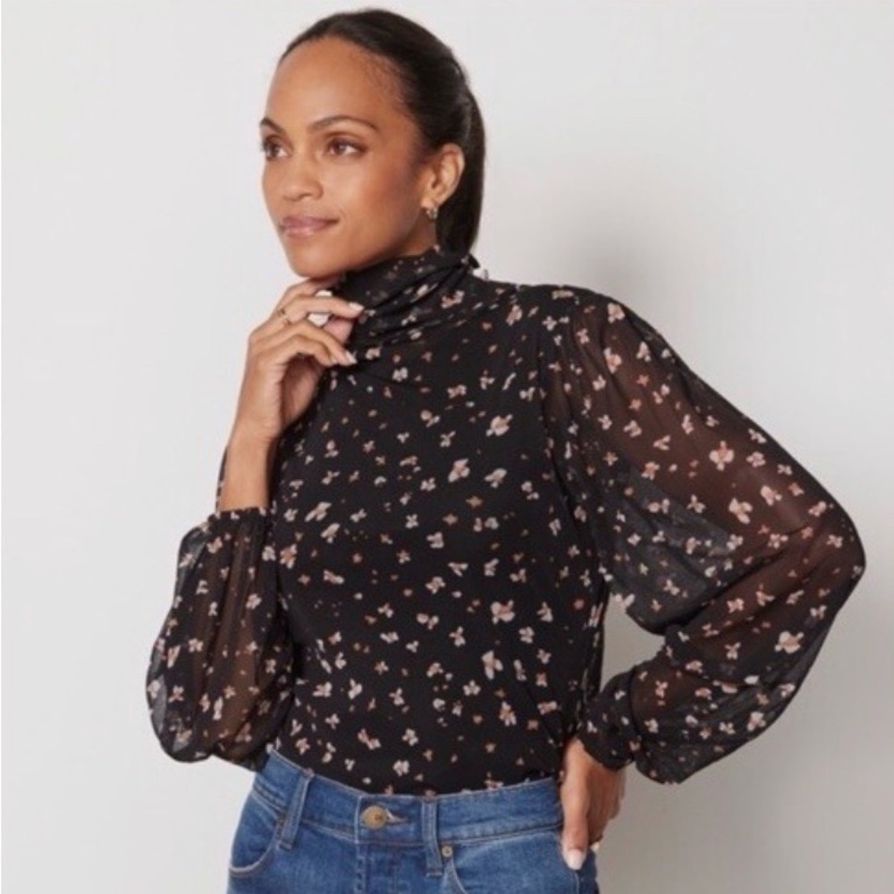 Sheer Floral Mock Neck Blouse